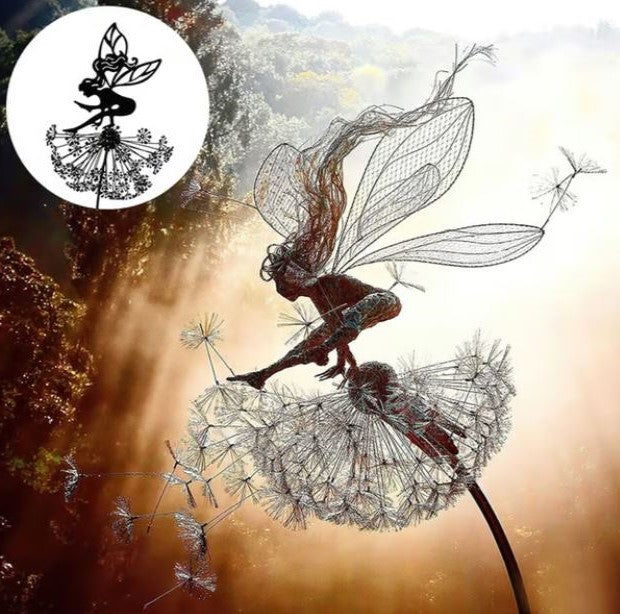 Metal Fairy Garden Sculpture with Dandelion Stem and Anti-Rust Coating