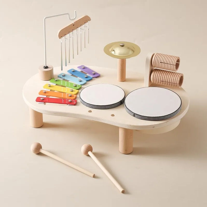 Wooden Musical Instrument Station with Five Instruments and Bright Colors