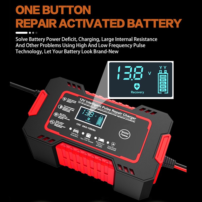 12V Pulse Repair Battery Charger with 6A Output and LCD Voltage Display