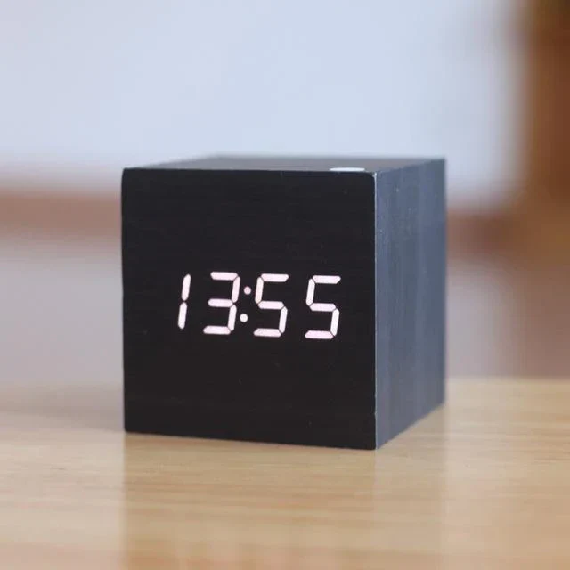 Wooden Digital Clock with Hidden LED Numerals and Alarm Function, USB or Battery Power