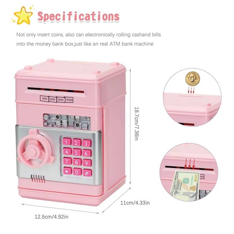 Electronic ATM Piggy Bank with Automatic Bill Detection and LED Display, Dual Lock Password