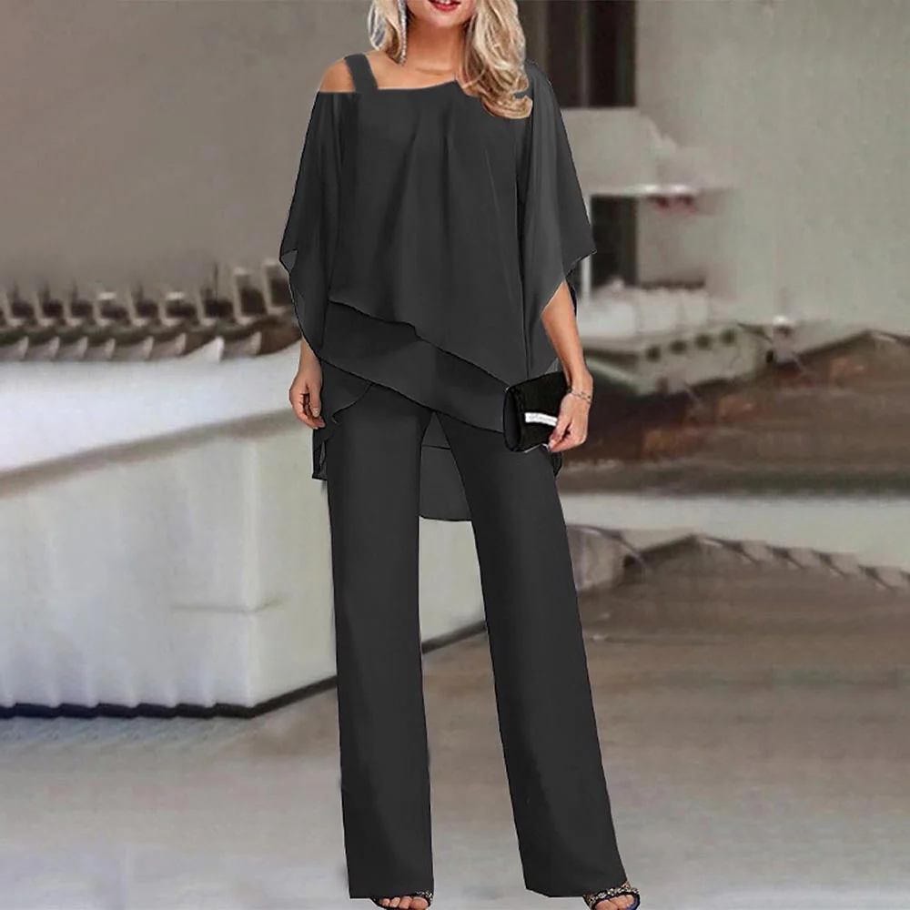 Women's Cold Shoulder Top with Long Trousers, Two Piece Suit Set