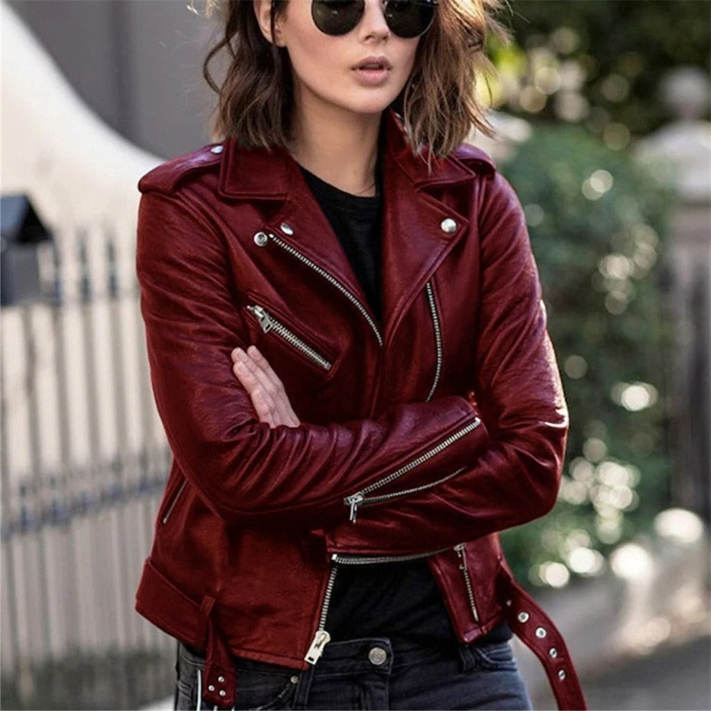 Leather Biker Jacket with Multiple Zippered Pockets and Tailored Fit
