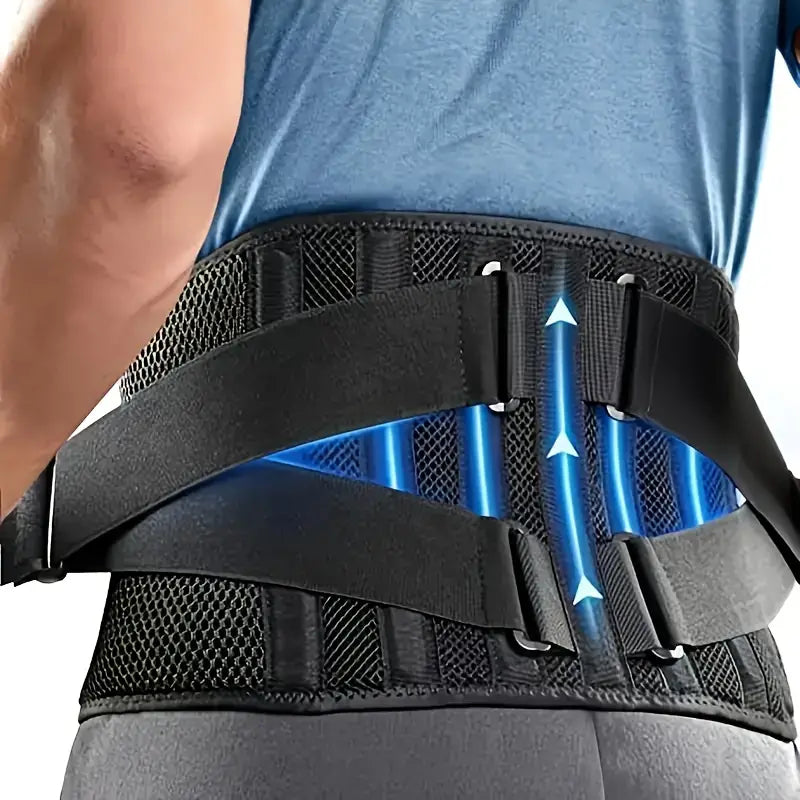 Lumbar Support Brace with Dual Pad System and Six Strip Support, Breathable Mesh