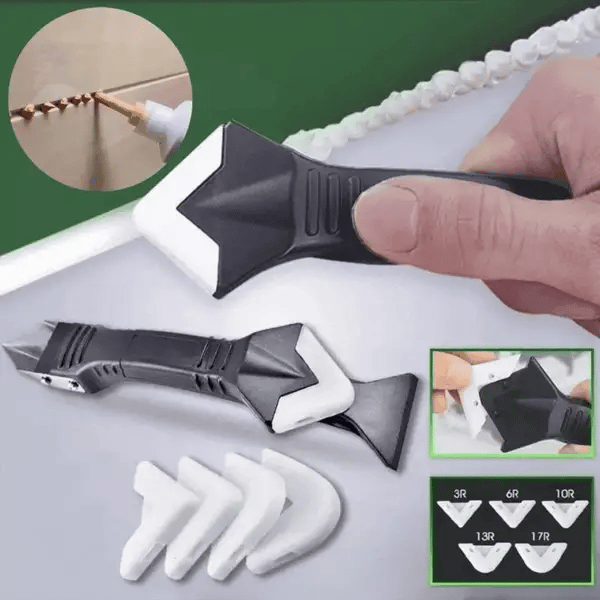 Caulk Remover Tool with Four-Profile Rubber Blade and Integrated Stainless Scraper