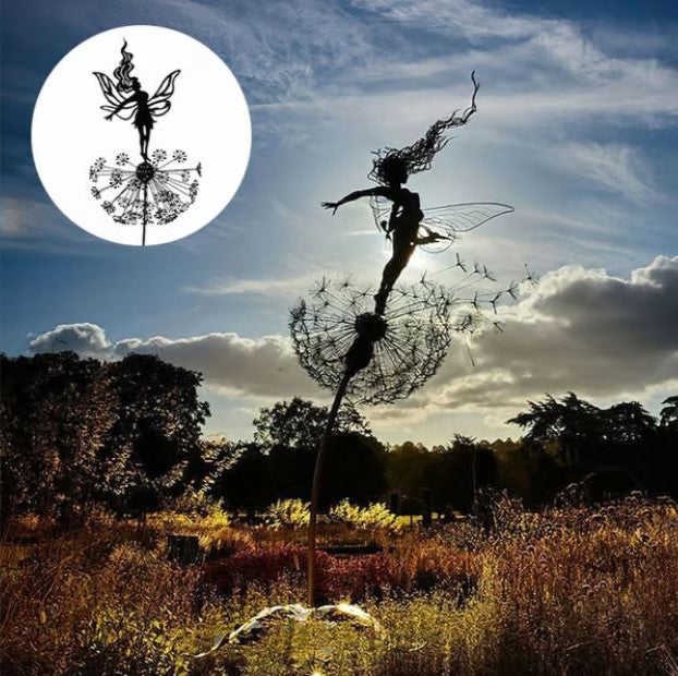Metal Fairy Garden Sculpture with Dandelion Stem and Anti-Rust Coating