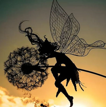 Metal Fairy Garden Sculpture with Dandelion Stem and Anti-Rust Coating