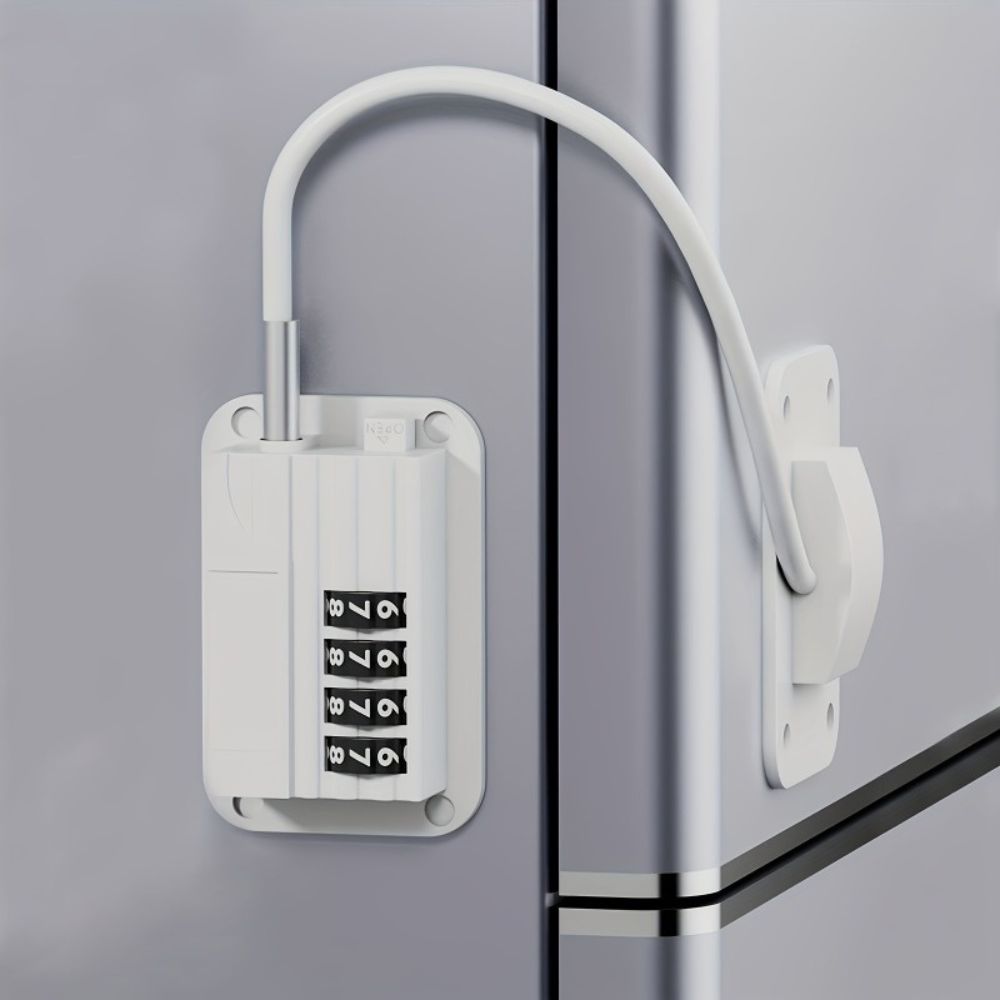 Password Protected Refrigerator Lock with Adjustable Strap and Adhesive Mount