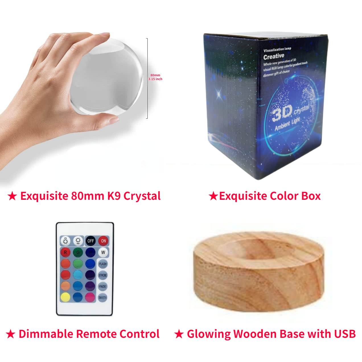 3D Crystal Axolotl Lamp with Wood LED Base and Remote, USB Powered, 16-Color Lighting