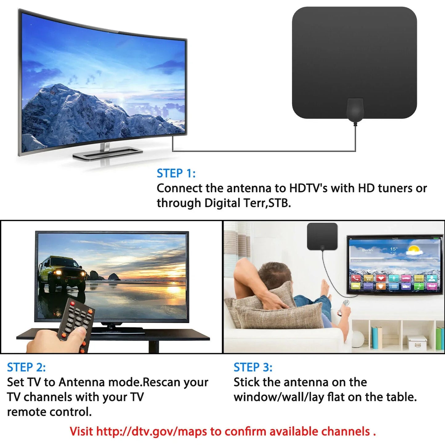 Indoor Digital HDTV Antenna with 37dB Signal Amplifier and 10ft Cable