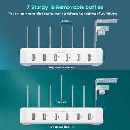 Six Port Charging Station with Adjustable Dividers and Mixed Cables, 60W Output