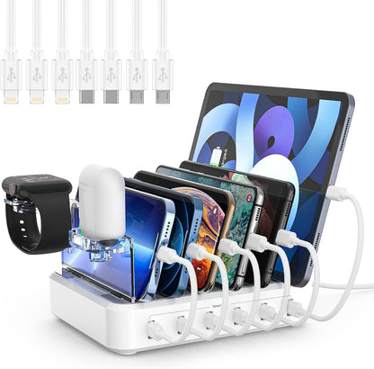 Six Port Charging Station with Adjustable Dividers and Mixed Cables, 60W Output