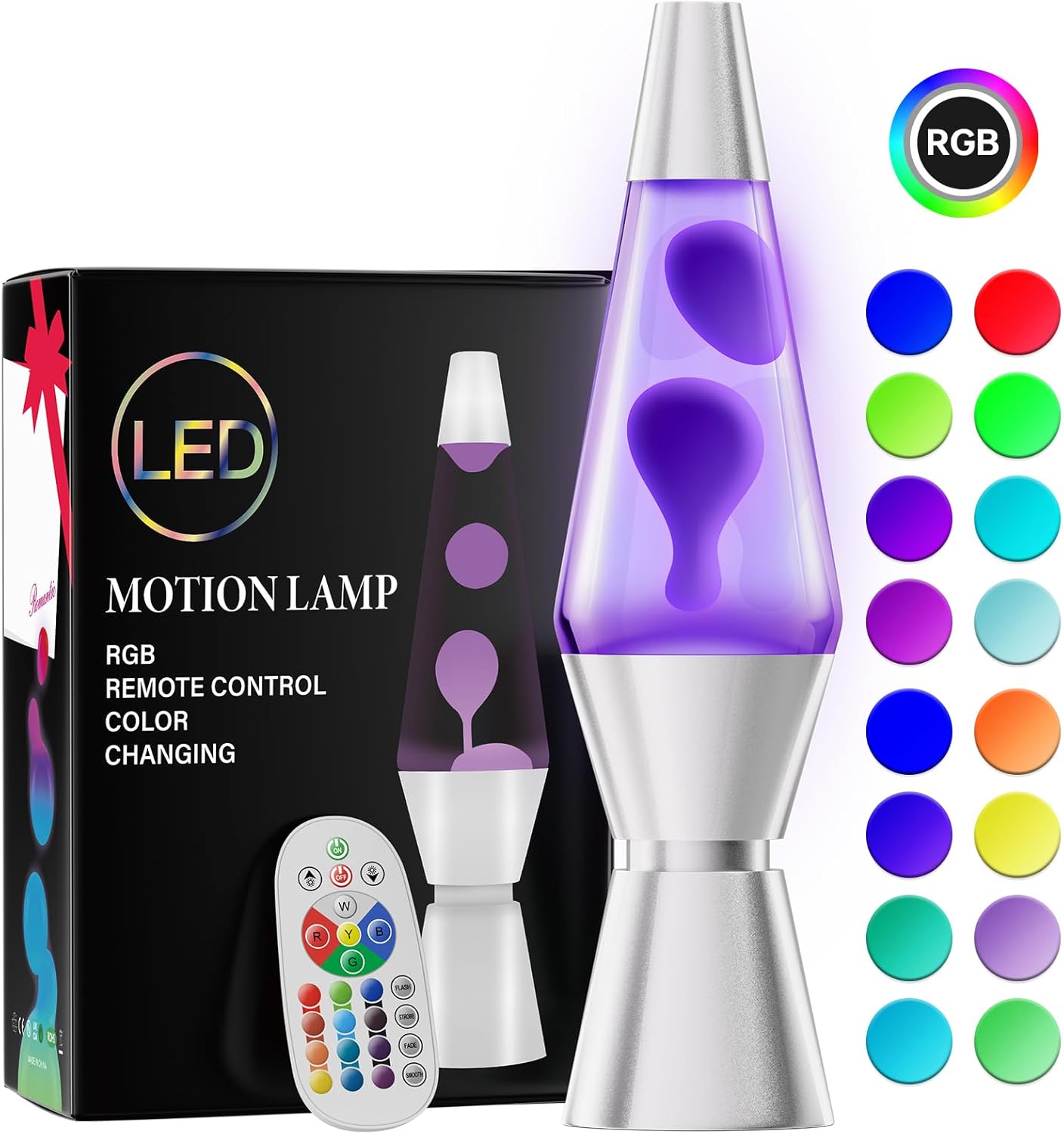 Color Changing Lava Lamp with 17 RGBW Colors and Remote Control, 14.5in Glass Cylinder