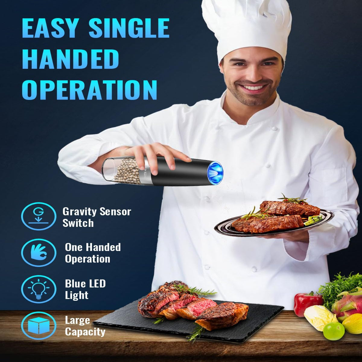 One-Hand Electric Grinder with Gravity Sensor and Ceramic Core, Blue LED Light