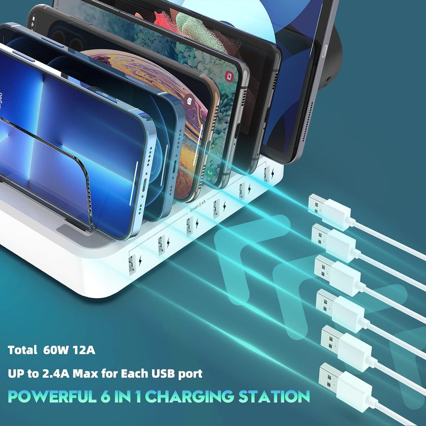 Six Port Charging Station with Adjustable Dividers and Mixed Cables, 60W Output
