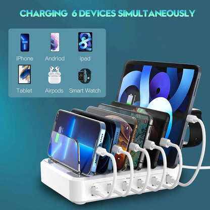 Six Port Charging Station with Adjustable Dividers and Mixed Cables, 60W Output