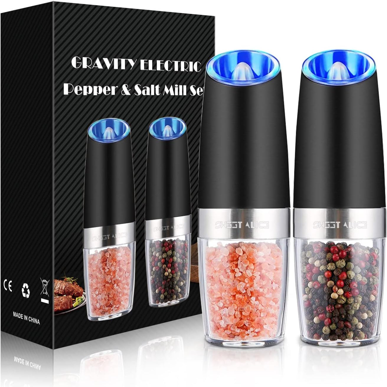 One-Hand Electric Grinder with Gravity Sensor and Ceramic Core, Blue LED Light