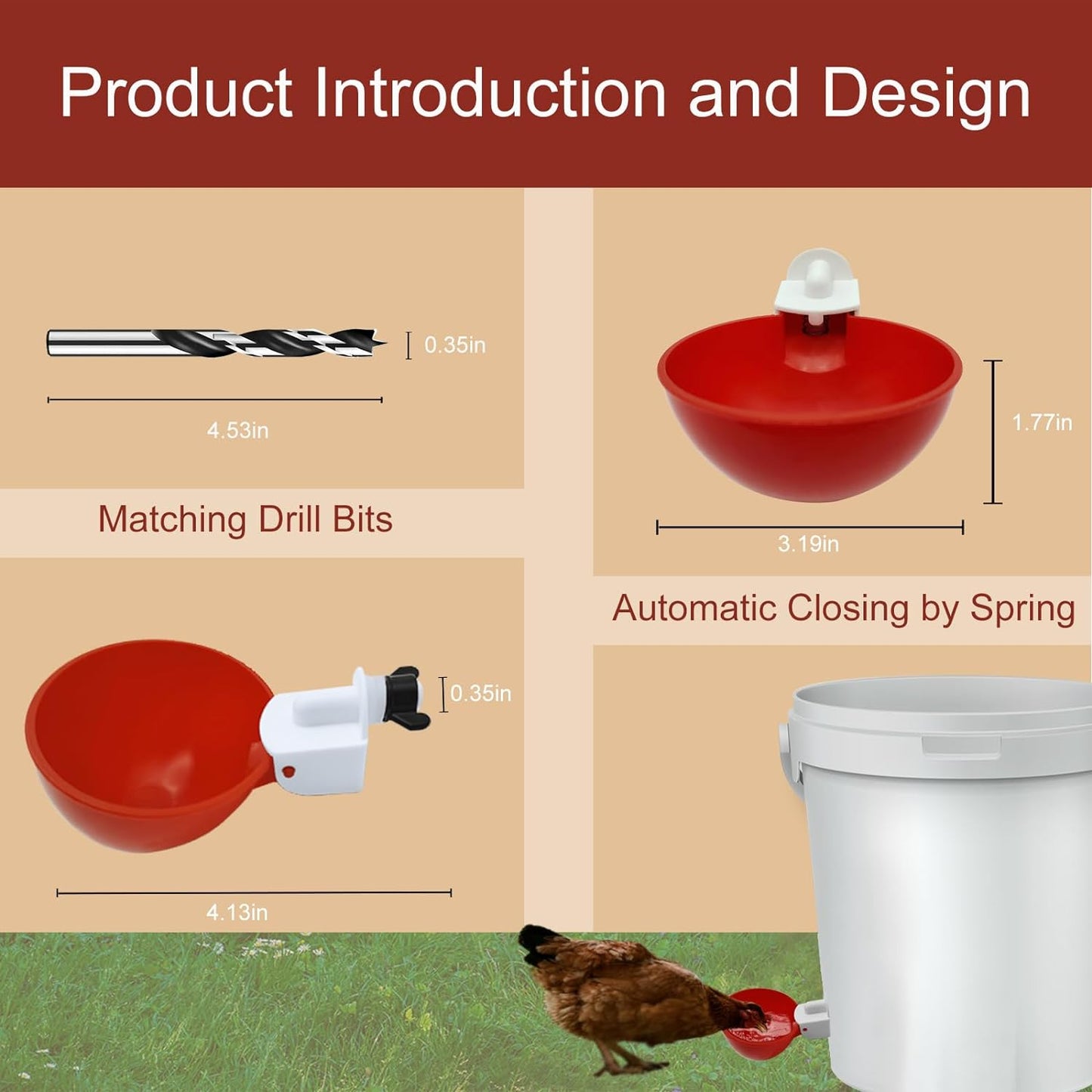 Gravity Fed Chicken Waterer Cups with Spring Valve and Dual Seals, 10 Pack