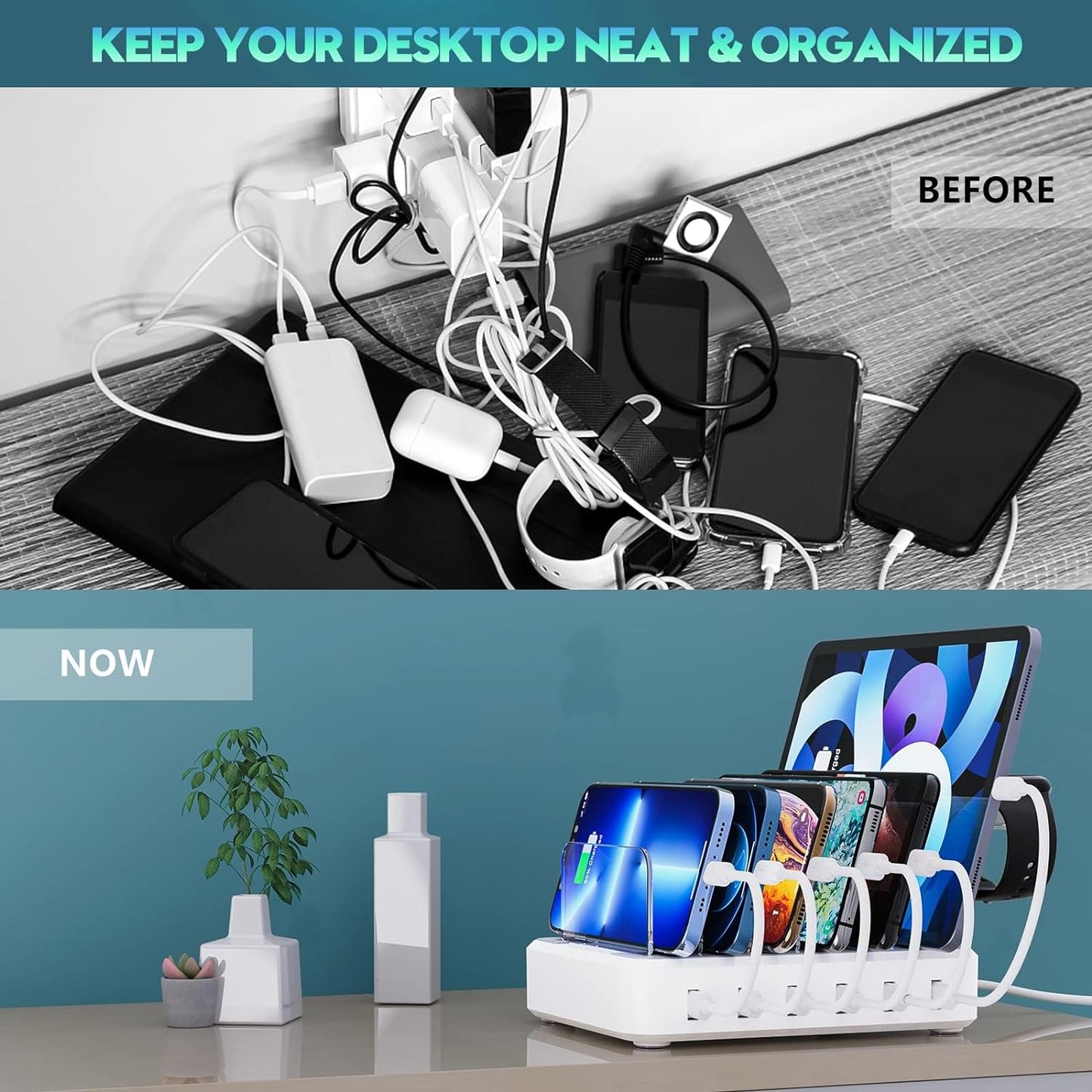 Six Port Charging Station with Adjustable Dividers and Mixed Cables, 60W Output