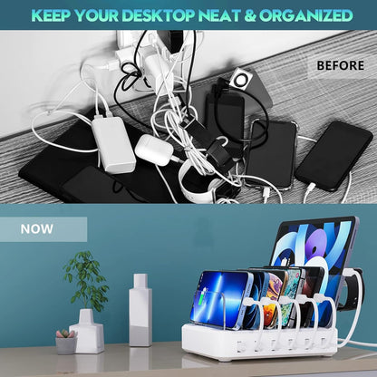 Six Port Charging Station with Adjustable Dividers and Mixed Cables, 60W Output