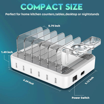 Six Port Charging Station with Adjustable Dividers and Mixed Cables, 60W Output
