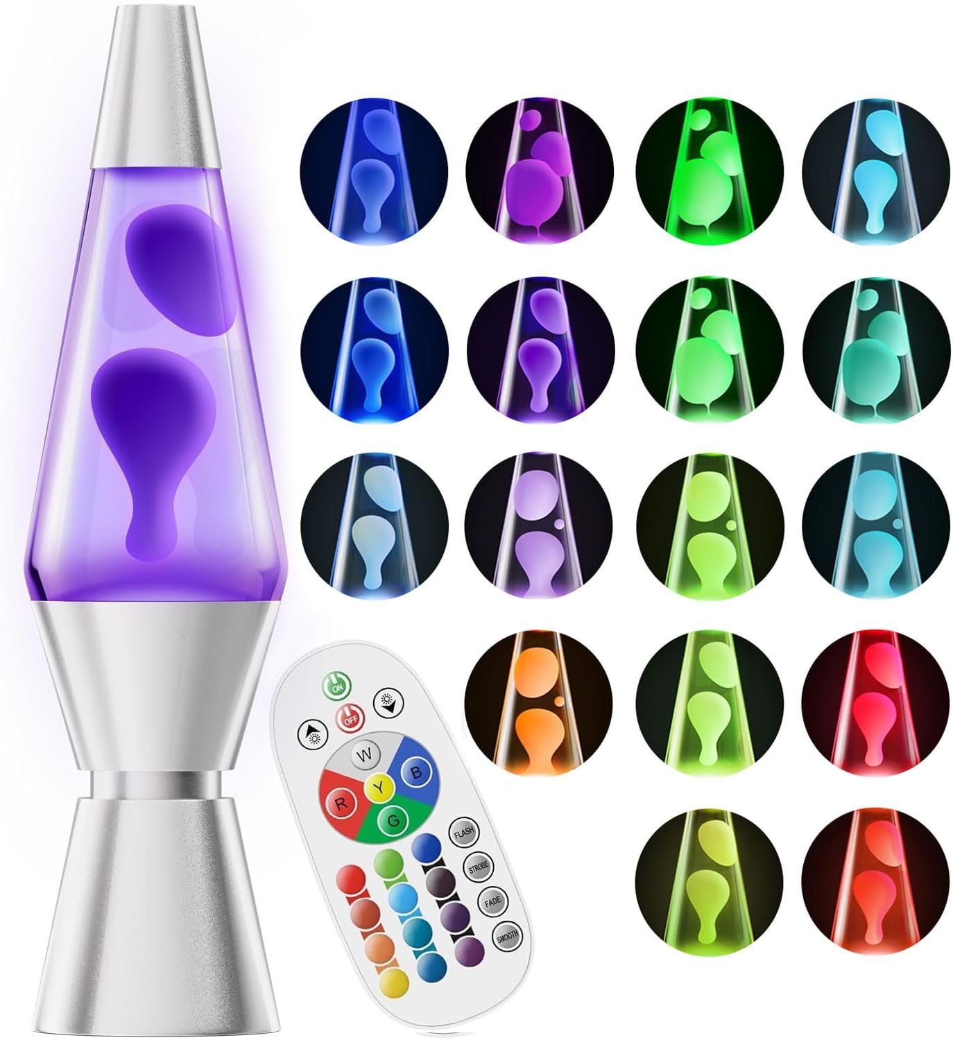 Color Changing Lava Lamp with 17 RGBW Colors and Remote Control, 14.5in Glass Cylinder