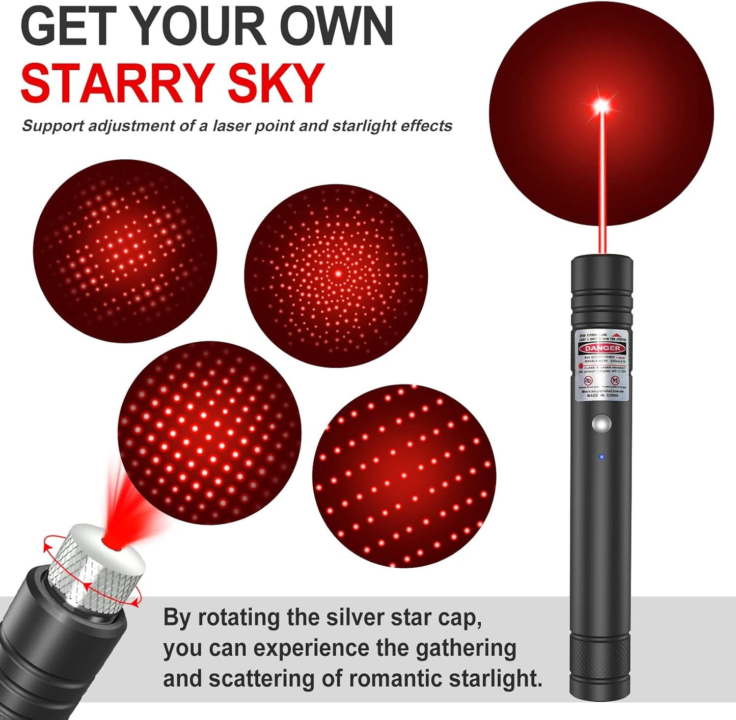 Rechargeable Green Laser Pointer with Rotating Star Cap and 2000 Foot Range