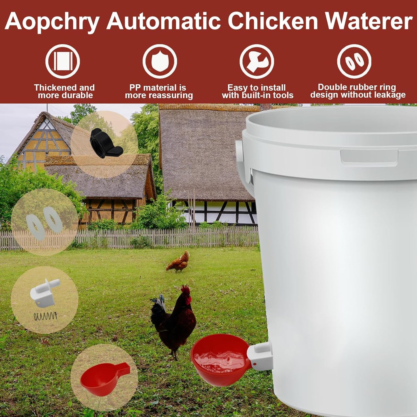 Gravity Fed Chicken Waterer Cups with Spring Valve and Dual Seals, 10 Pack