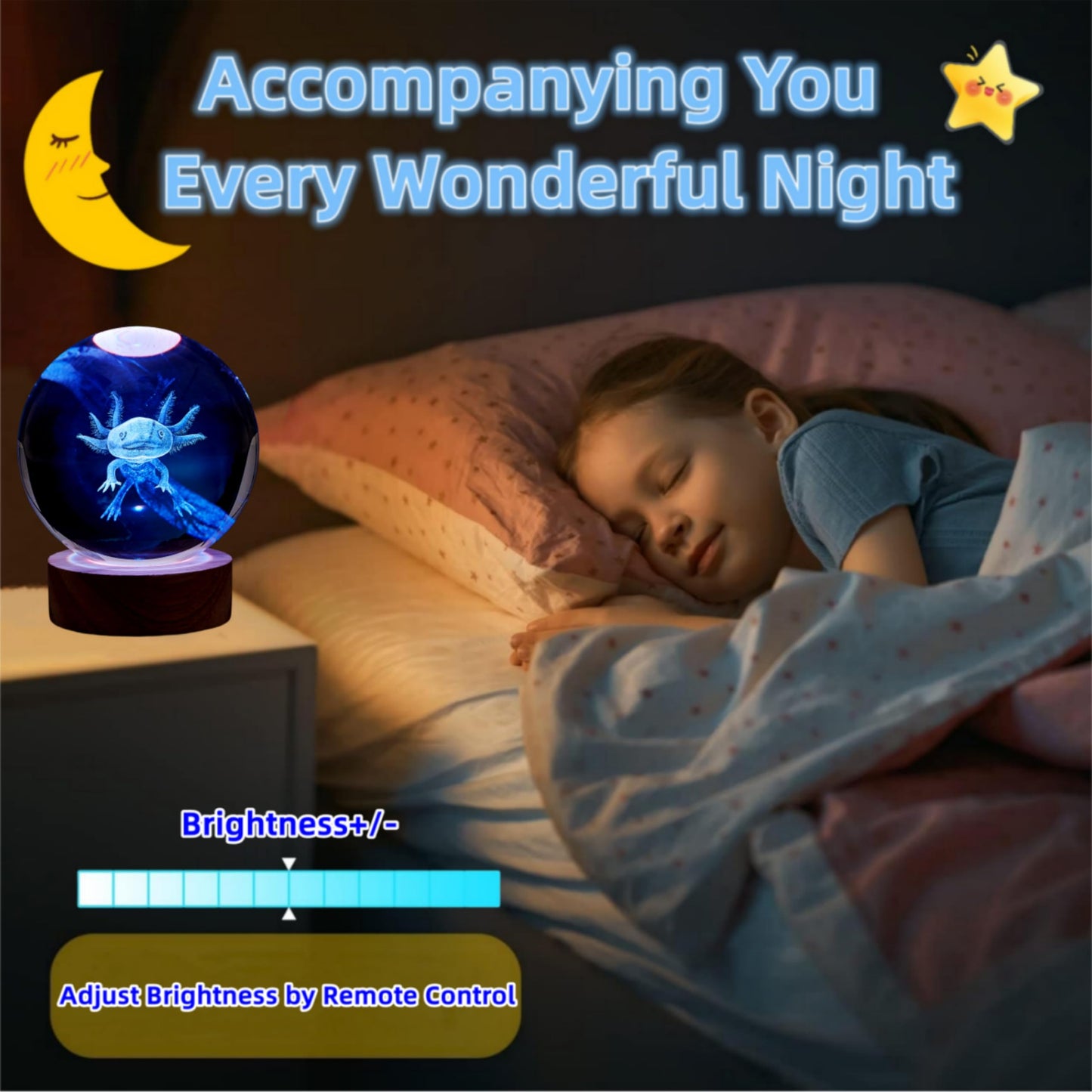 3D Crystal Axolotl Lamp with Wood LED Base and Remote, USB Powered, 16-Color Lighting