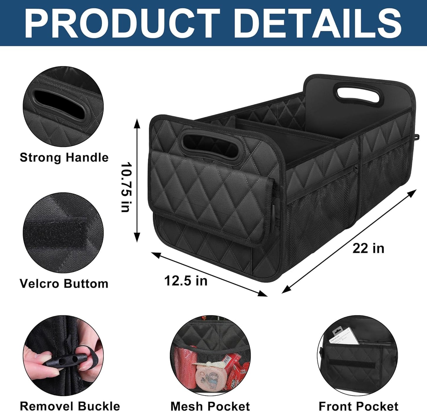 Foldable Car Trunk Organizer with Adjustable Compartments and Hook Loop Bottom