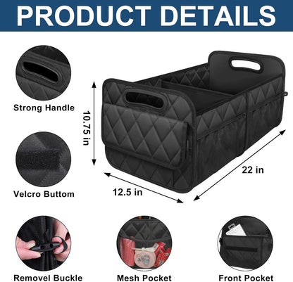 Foldable Car Trunk Organizer with Adjustable Compartments and Hook Loop Bottom