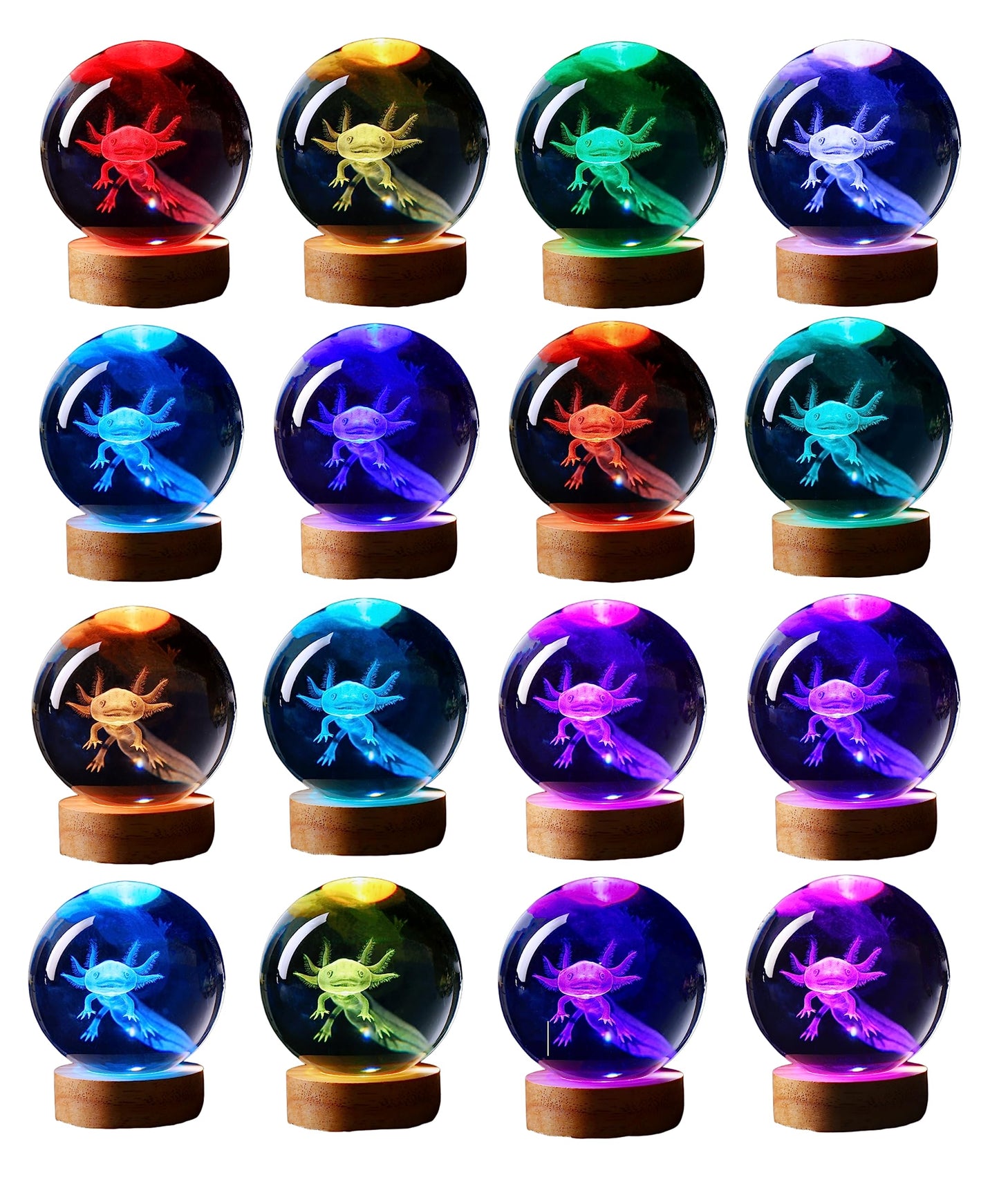 3D Crystal Axolotl Lamp with Wood LED Base and Remote, USB Powered, 16-Color Lighting