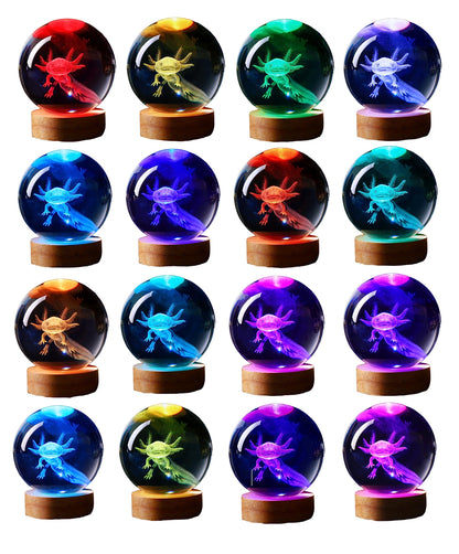 3D Crystal Axolotl Lamp with Wood LED Base and Remote, USB Powered, 16-Color Lighting