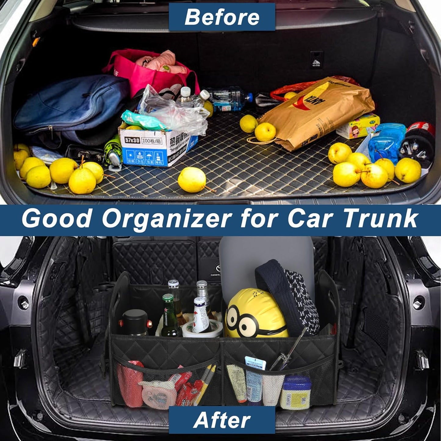 Foldable Car Trunk Organizer with Adjustable Compartments and Hook Loop Bottom