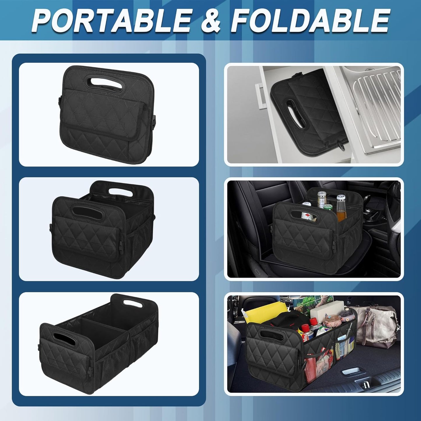 Foldable Car Trunk Organizer with Adjustable Compartments and Hook Loop Bottom