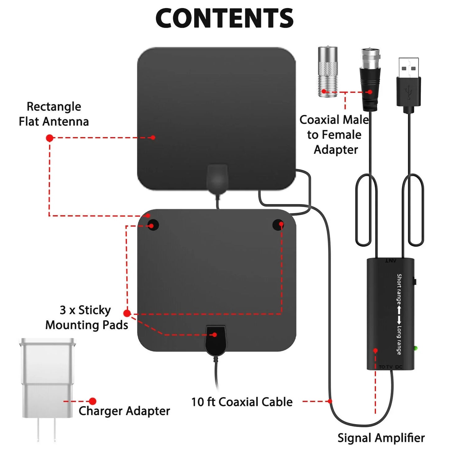 Indoor Digital HDTV Antenna with 37dB Signal Amplifier and 10ft Cable