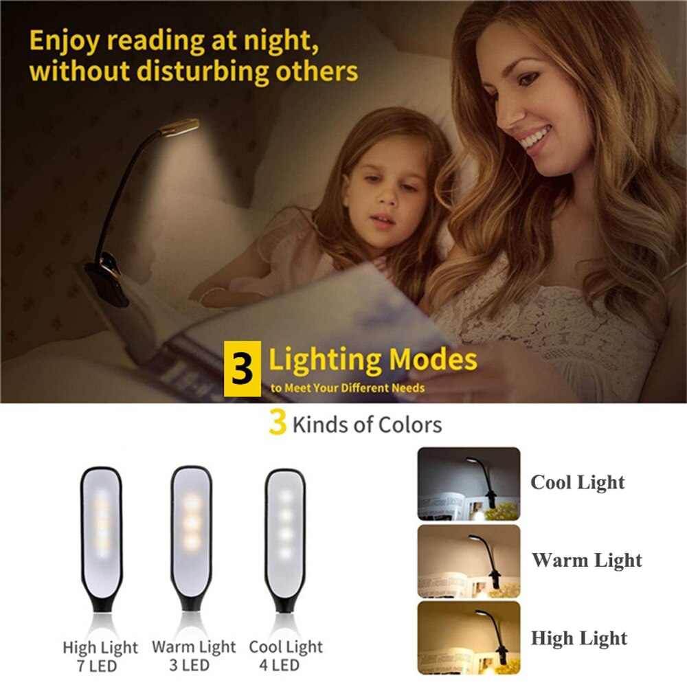 Clip-On Book Light with Adjustable Color Temperature and USB Rechargeable, 60-Hour Runtime