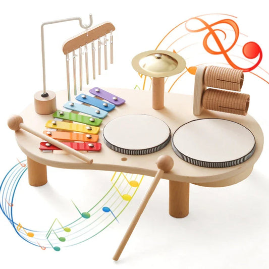 Wooden Musical Instrument Station with Five Instruments and Bright Colors
