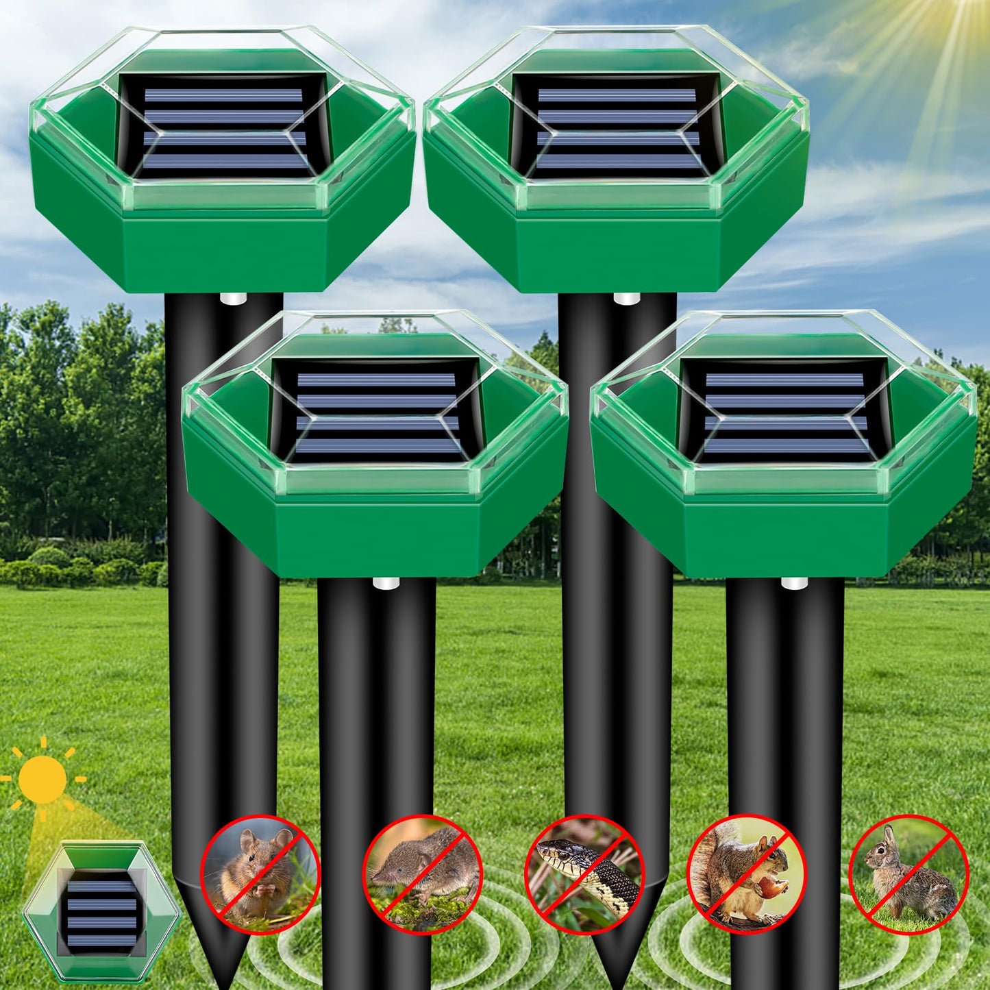 Solar Ultrasonic Mole Repeller with Waterproof Housing and 465 sq ft Coverage, 4-Pack
