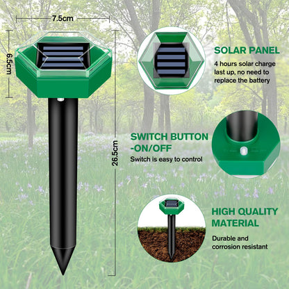 Solar Ultrasonic Mole Repeller with Waterproof Housing and 465 sq ft Coverage, 4-Pack