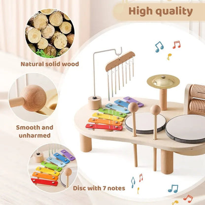 Wooden Musical Instrument Station with Five Instruments and Bright Colors