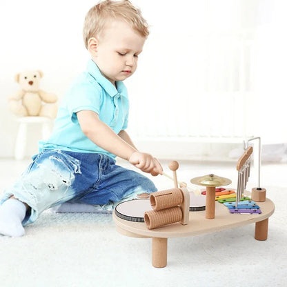 Wooden Musical Instrument Station with Five Instruments and Bright Colors