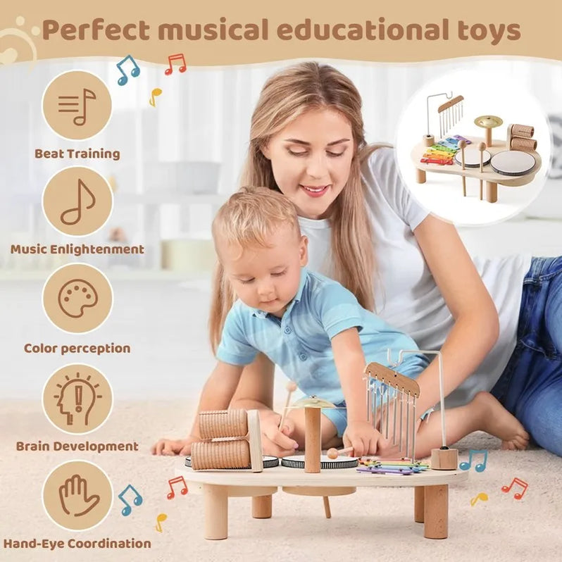 Wooden Musical Instrument Station with Five Instruments and Bright Colors