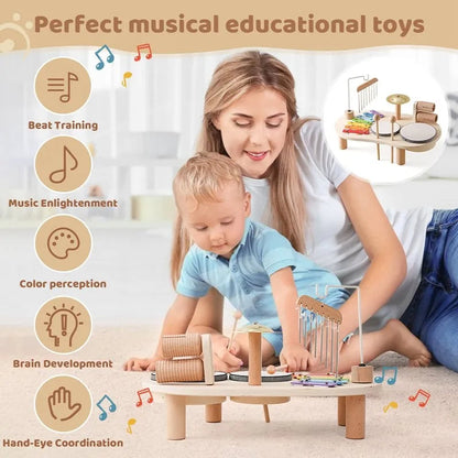 Wooden Musical Instrument Station with Five Instruments and Bright Colors