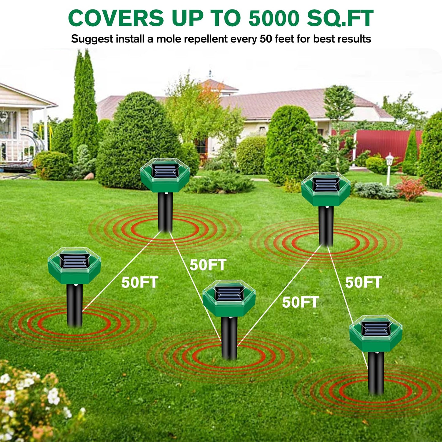 Solar Ultrasonic Mole Repeller with Waterproof Housing and 465 sq ft Coverage, 4-Pack