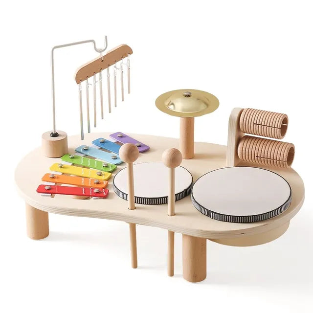 Wooden Musical Instrument Station with Five Instruments and Bright Colors