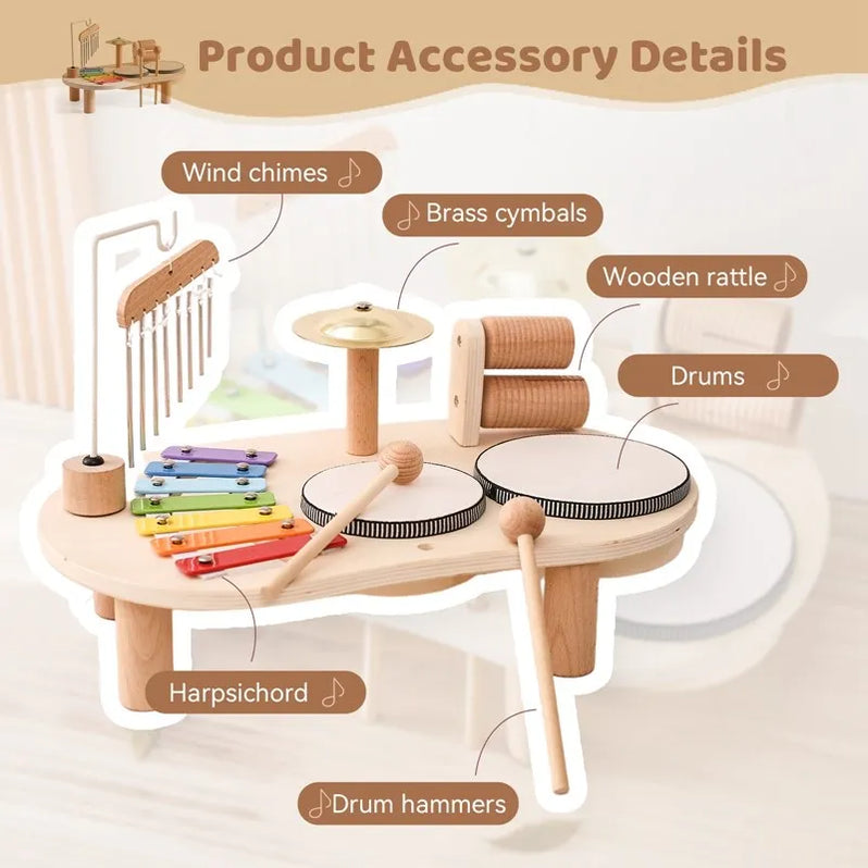Wooden Musical Instrument Station with Five Instruments and Bright Colors