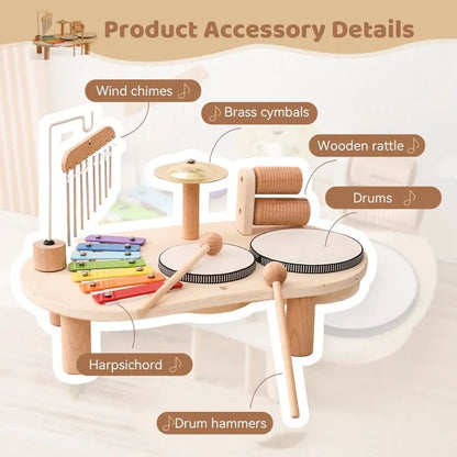 Wooden Musical Instrument Station with Five Instruments and Bright Colors