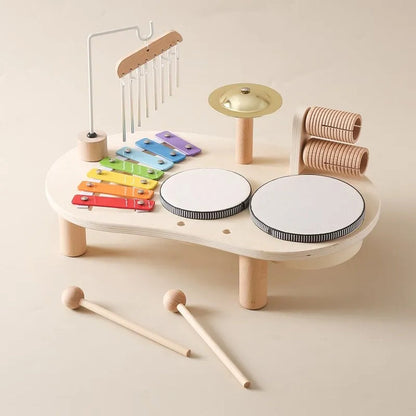 Wooden Musical Instrument Station with Five Instruments and Bright Colors