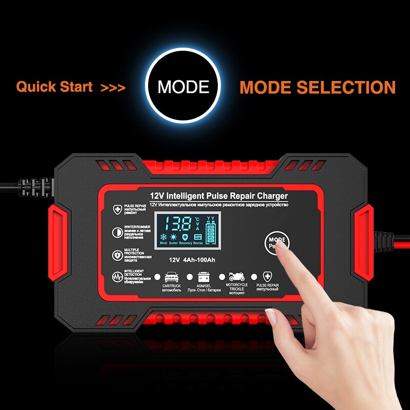 12V Pulse Repair Battery Charger with 6A Output and LCD Voltage Display